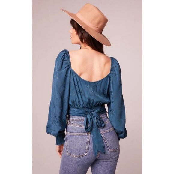 Band of the Free Camille Floral Satin Tie Back Crop Top in Teal - M - Picture 6 of 6